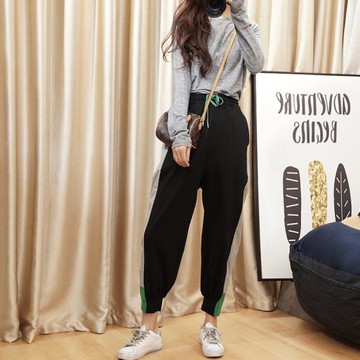 大碼220斤胖mm寬松大褲腿松緊高腰側拼色褲口休閑褲運動褲女衛褲