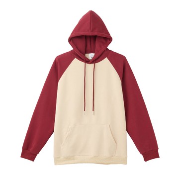 超柔拼色大學帽T-米杏拼酒紅XL