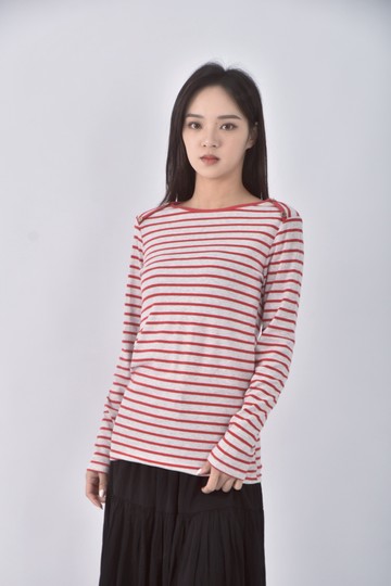 (S) la mondo棉質橫條紋灰紅色長袖上衣