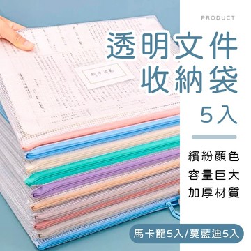 [台灣現貨]透明文件拉鍊收納袋5入 資料袋 文件袋 網格收納袋 收據袋 試卷袋 標籤袋 防水文件袋 萬用收納袋 拉鍊袋