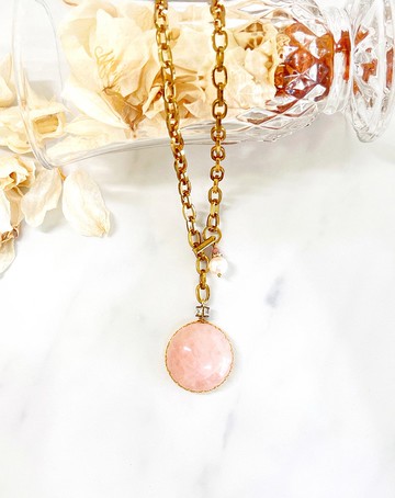 Minertés+粉晶‧珍珠‧鍍古金‧黃銅項鏈+