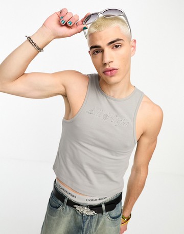 ASOS DESIGN muscle vest with text chest detail in grey-Brown