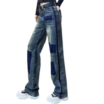 歐貨高腰牛仔褲女2026春季新歐貨重工釘珠撞色時尚百搭拖地闊腳褲