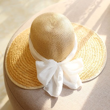白紗蝴蝶結開叉拉菲草帽子女夏出游大檐帽子沙灘遮陽帽 休閑草帽1入