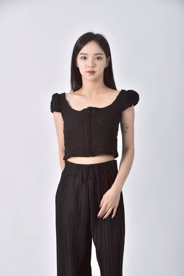 (S) water melon韓牌排扣黑色短袖上衣