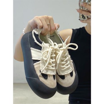 真皮2024新款休閑加絨德訓帆布鞋丑萌大頭鞋厚底松糕小白鞋板鞋女