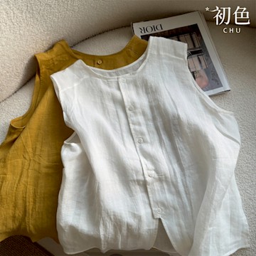 初色  純色簡約圓領無袖排扣輕薄透氣寬鬆背心女背心-共2色-11834(M-2XL可選)