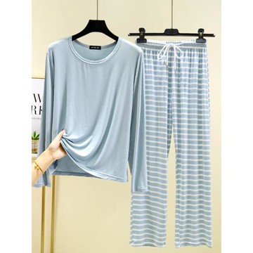 莫代爾家居服套裝女春秋薄款長袖圓領睡衣休閑大碼可外穿兩件套