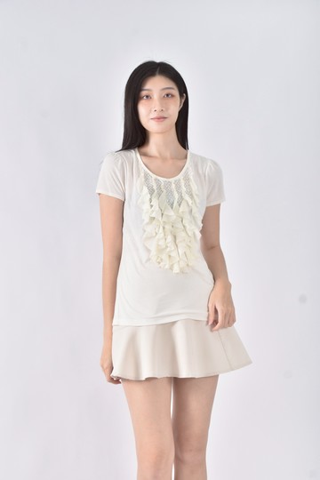 (S) jin慶百棉質荷葉白色短袖上衣