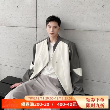 秋冬加厚毛呢拼接棒球領夾克外套男短潮流立體紋理痞帥上衣高級感