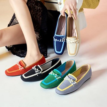 日系方頭針織豆豆鞋女鞋軟底透氣時尚平底鞋上班一腳蹬休閑樂福鞋