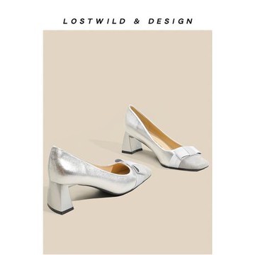 LOSTWILD真皮銀色小香風粗跟單鞋女2024新款蝴蝶結通勤職業高跟鞋