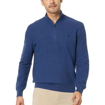Polo Ralph Lauren RL 熱銷刺繡小馬半開襟立領大學T恤-灰藍色