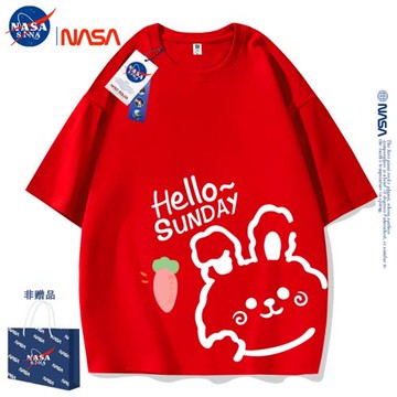 NASA聯名紅色短袖T恤男女款夏季新款寬松純棉半袖潮流情侶裝夏裝