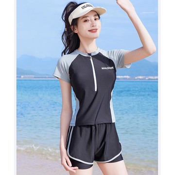 視覺小蠻腰短袖泳衣套裝-拼色黑