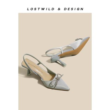LOSTWILD蝴蝶結細跟尖頭高跟鞋真皮單鞋淺灰法式后空包頭伴娘鞋女