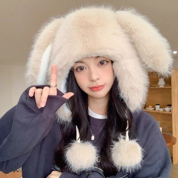 💗特惠💗可愛兔子耳朵帽子 輕奢風毛絨帽子 女冬季保暖加厚防寒兔子圍巾 一體護耳帽