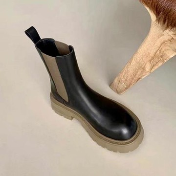 增高厚底煙筒靴女2024新款真皮歐美拼色一腳蹬馬丁靴中跟冬季短靴