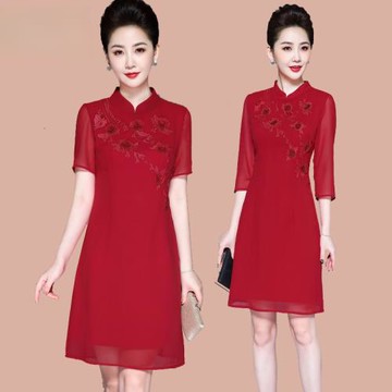 婚禮媽媽中年女連衣裙子岳母丈母娘喜婆婆婚宴禮服改良旗袍春夏裝