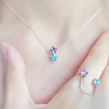 雙子星紫晶瑞士藍托帕石純銀吊墜