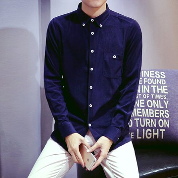 夏季韓版休閑燈芯絨純色男士長袖襯衫春薄系復古純棉襯衣潮男外套