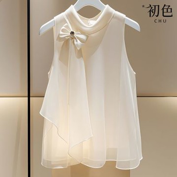 初色 甜美蝴蝶結薄款飄逸雪紡掛脖背心女背心-米杏色-14499(M-2XL可選)