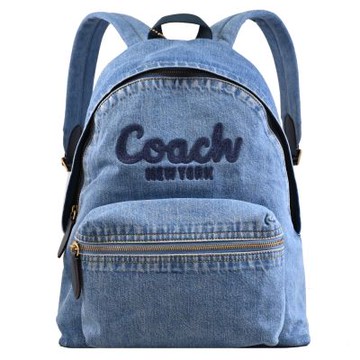 COACH 電繡草寫LOGO丹寧布大容量雙拉鍊休閒後背包(靛青)