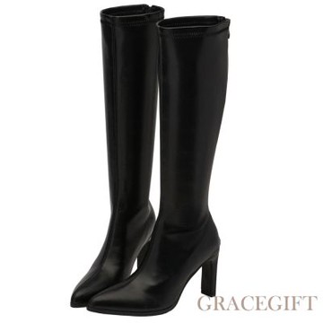 【Grace Gift】明星舞台尖頭扁跟寬筒瘦瘦長靴 黑