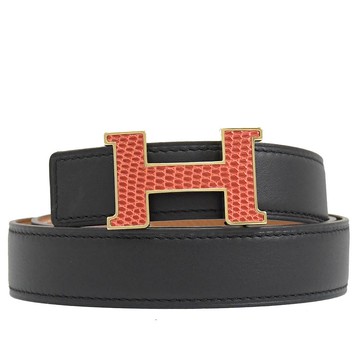 HERMES 24mm雙面蜥蜴皮釦飾女仕皮帶.黑/咖