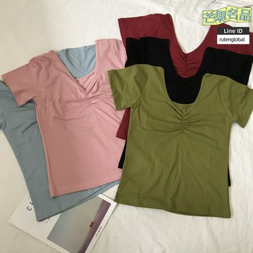 【顯瘦V領】T恤 女T恤 短袖T恤 打底衫 上衣 褶皺設計 修身顯瘦 純棉面料 夏季百搭 通勤休閒