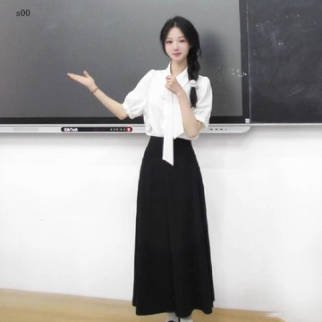 【面試套裝 職業教資 短袖 白色 正裝襯衫 半身裙 夏季 通勤 黑色 兩件套 襯衫 裙子 套裝 女裝 上班 穿搭】