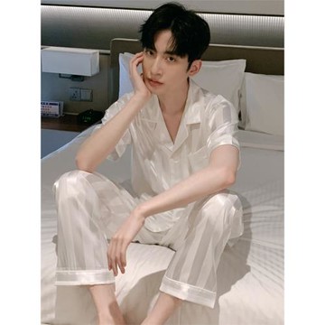 白色男睡衣男士夏季絲綢冰絲短袖長褲家居服夏天薄款仿真絲綢套裝