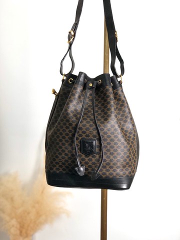 [日本直送，品牌二手包] CELINE Macadam 單肩包，黑blazon 壓花 PVC 皮革，抽繩包，復古 x5e8fx