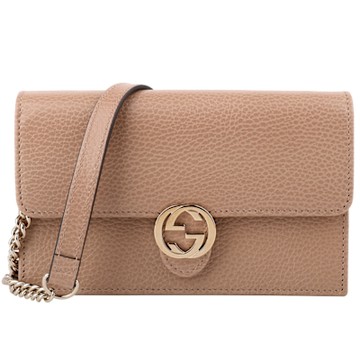 GUCCI-金雙G 皮革可拆鍊帶手拿/斜背包(奶茶色)