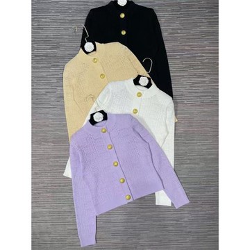 2024早秋B家回字鏤空香芋紫半高圓領開衫短款針織虎頭金扣外套