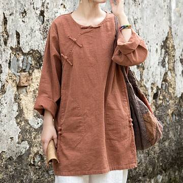 現貨+預購 新中式T恤棉麻上衣手工亞麻長袖襯衫夏季女裝大尺碼-長袖改良個性女上衣3色74lw81  【獨家進口】【米蘭精品】