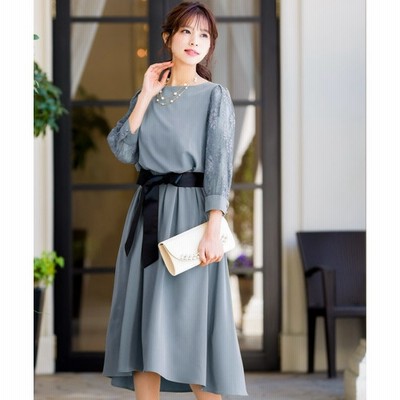 Fashion Letter Fashion Letter パーティードレス 結婚式 お呼ばれ 披露宴 ドレス ロングワンピース ウエストゴム 袖コンシャス レース袖 リボン ベルト付き ロングドレス パーティー ロング丈 袖あり レース フォーマル ワンピース 膝下 入学式 卒業式 母 M L 入園式