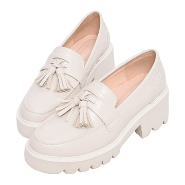 ANNSTAR 居妮聯名- 文藝清新 厚底超輕量流蘇樂福鞋6cm-米白