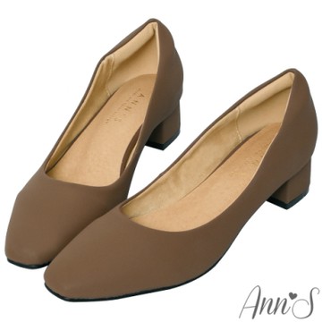 Ann’S真的很舒服-霧面皮革粗跟小方頭鞋-咖