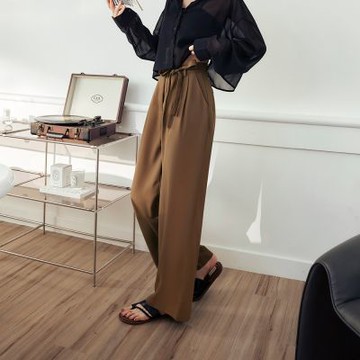 OB嚴選-輕盈雪紡收腰打褶綁帶寬褲《BA7205-》