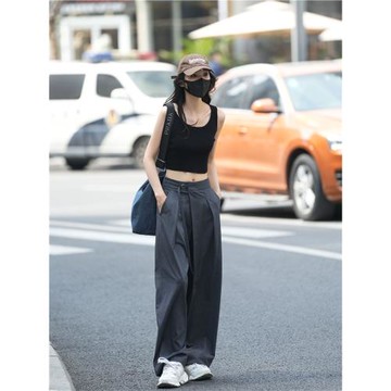 Luna7xi 灰色高腰休閑西裝褲女夏季2025寬松顯瘦直筒闊腿褲長褲子