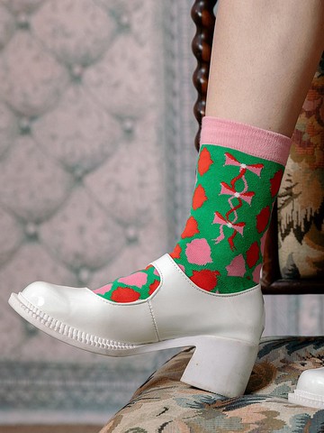 Meugler牛稠島 至愛羅蘭 糖果色插畫撞色提花少女短襪中筒襪