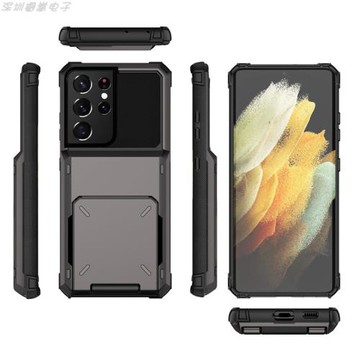 適用三星s21Plus創意翻蓋插卡手機殼s21Ultra金屬質感四角防摔套