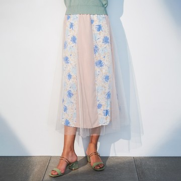 【1+1優惠】HS 水彩墨花紗長裙 拼接白