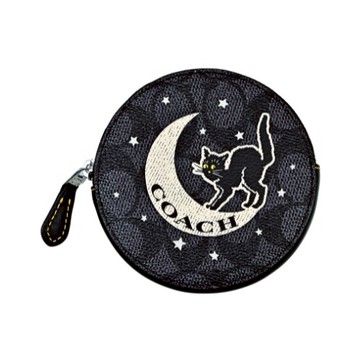 [平輸版] 【COACH】萬聖節限定墨黑灰C LOGO星月貓咪圖印圓餅零錢包 真品平輸