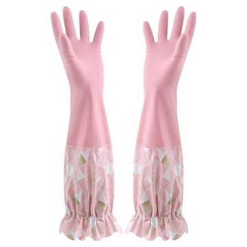 TLYS-J 清潔矽膠手套/防滑洗碗手套/廚房手套/橡膠手套/防水手套/家事手套 束口花邊 + 加絨  粉色  45 x 14 x 14cm  1套