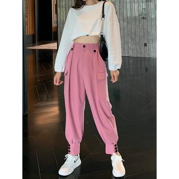 粉色高腰工裝褲女寬松休閑褲2025秋新款顯瘦燈籠褲修身哈倫束腳褲