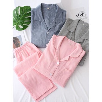 日式睡衣色織雙層棉紗情侶家居服春秋提花純棉長袖寬松簡約翻領