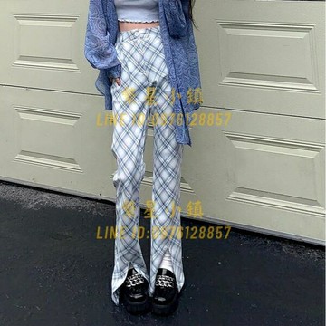 格子休閒褲女開叉喇叭長褲高腰寬鬆闊腿褲【繁星小鎮】