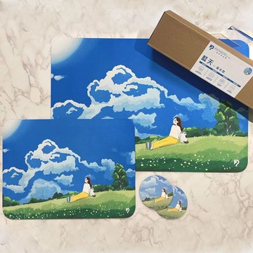 【帕斯特地墊】雙層超吸水墊子禮盒組 居家浴室 快速吸水 速乾防滑 腳踏墊 桌墊 杯墊 藍天(地墊)